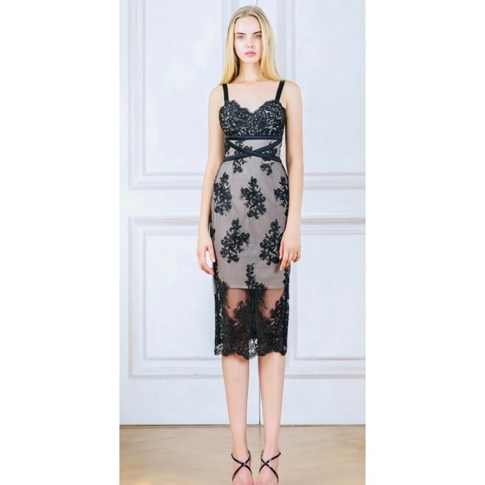 BRONX & BANCO Black Nude Lace Sheer midi dress